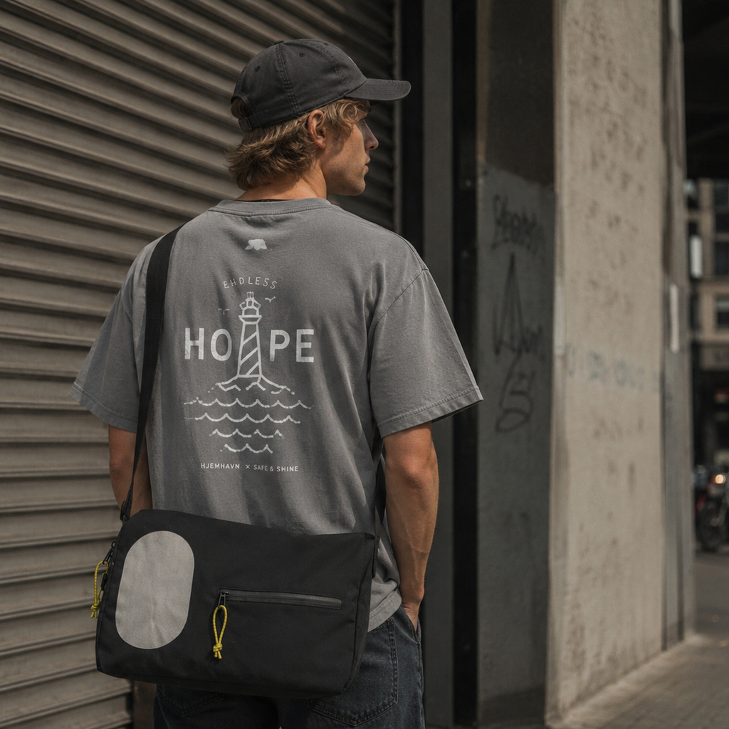 Person iført grå Endless Hope T-shirt fra Safe & Shine x Hjemhavn og sort refleks-computertaske. Det store fyrtårnsmotiv på ryggen kombineres med funktionelle refleksdetaljer til en aktiv hverdag.