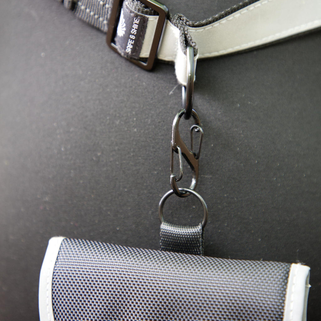 Nærbillede af Galaxy taske fra Safe & Shine med reflekskant, justerbar rem og funktionelle detaljer