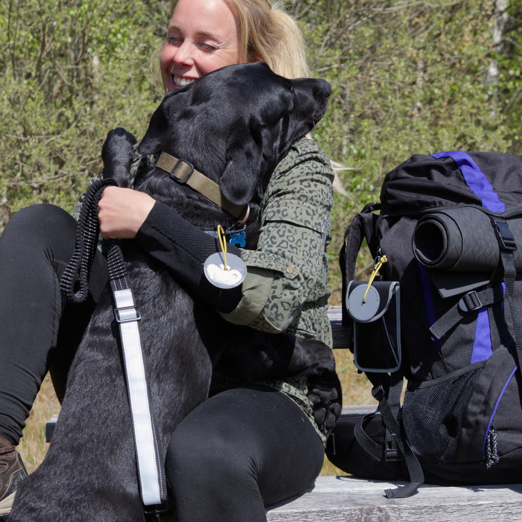 Kvinde med hund i naturen med refleks hundesnor, refleksvedhæng og Galaxy taske fra Safe & Shine
