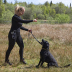 Kvinde træner hund i naturen med Galaxy taske med refleksdetaljer og plads til små nødvendigheder